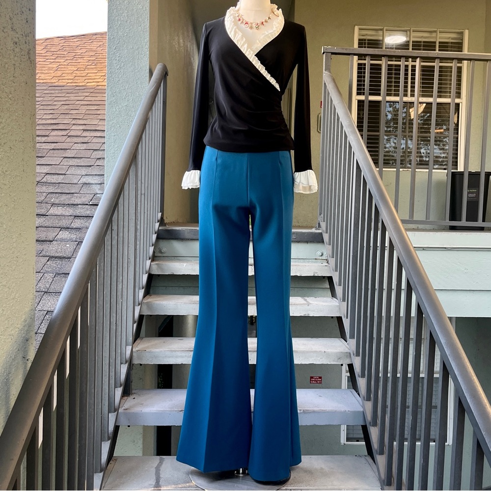 Safiyaa Turquoise Blue Wide Leg Trousers Size 6 38 UK 10 Stretch Flat Front Pant